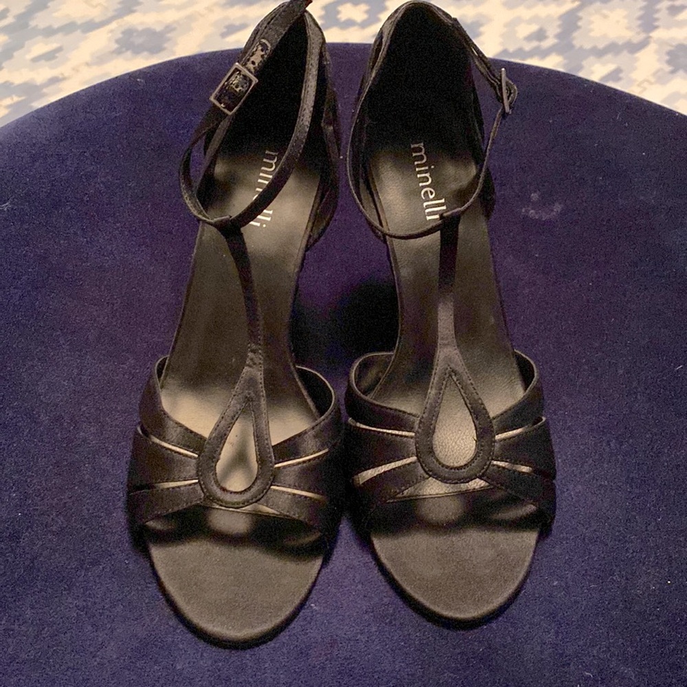 Black Satin Wedge Heels with Basket Weave Detail